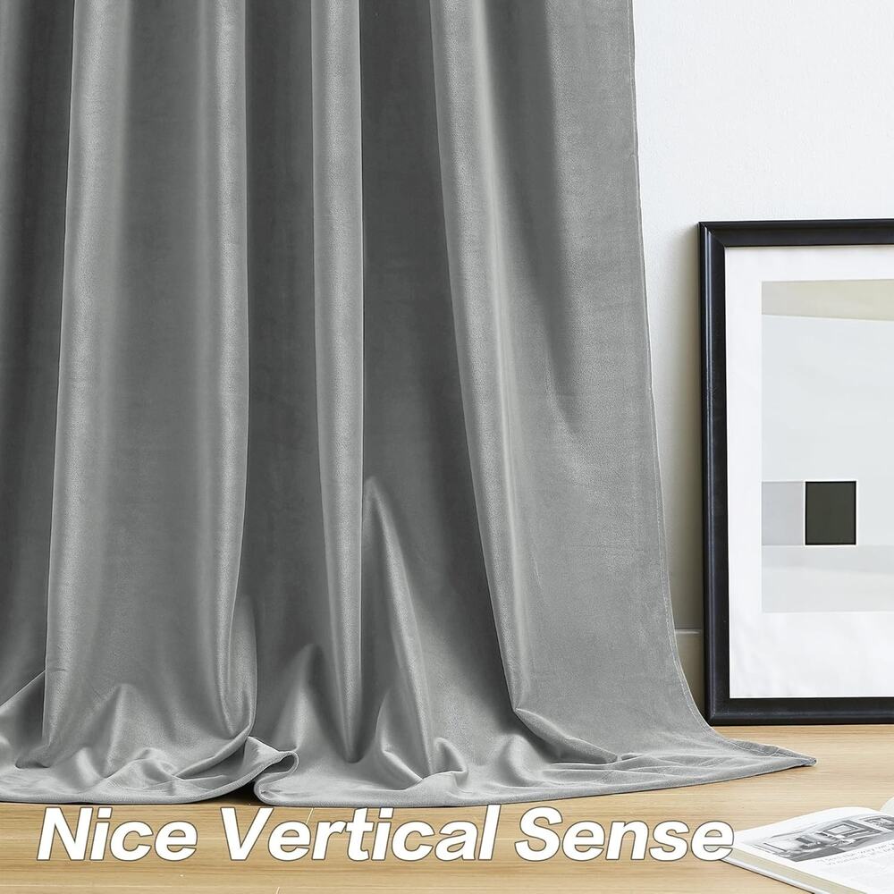 Blackout Velvet Curtains Gray 84in 2 Panels Noise-Reducing Thermal Insulated - Picture 3 of 5